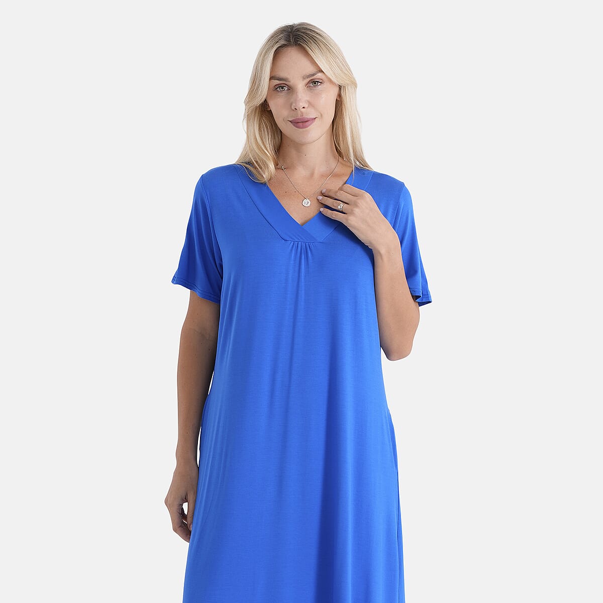 La Marey Sapphire Blue Sleeves and Pleated V-Neck Dress - One Size Fits Most image number 5