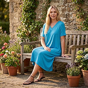 La Marey Blue Peacock Sleeves and Pleated V-Neck Dress - One Size Fits Most