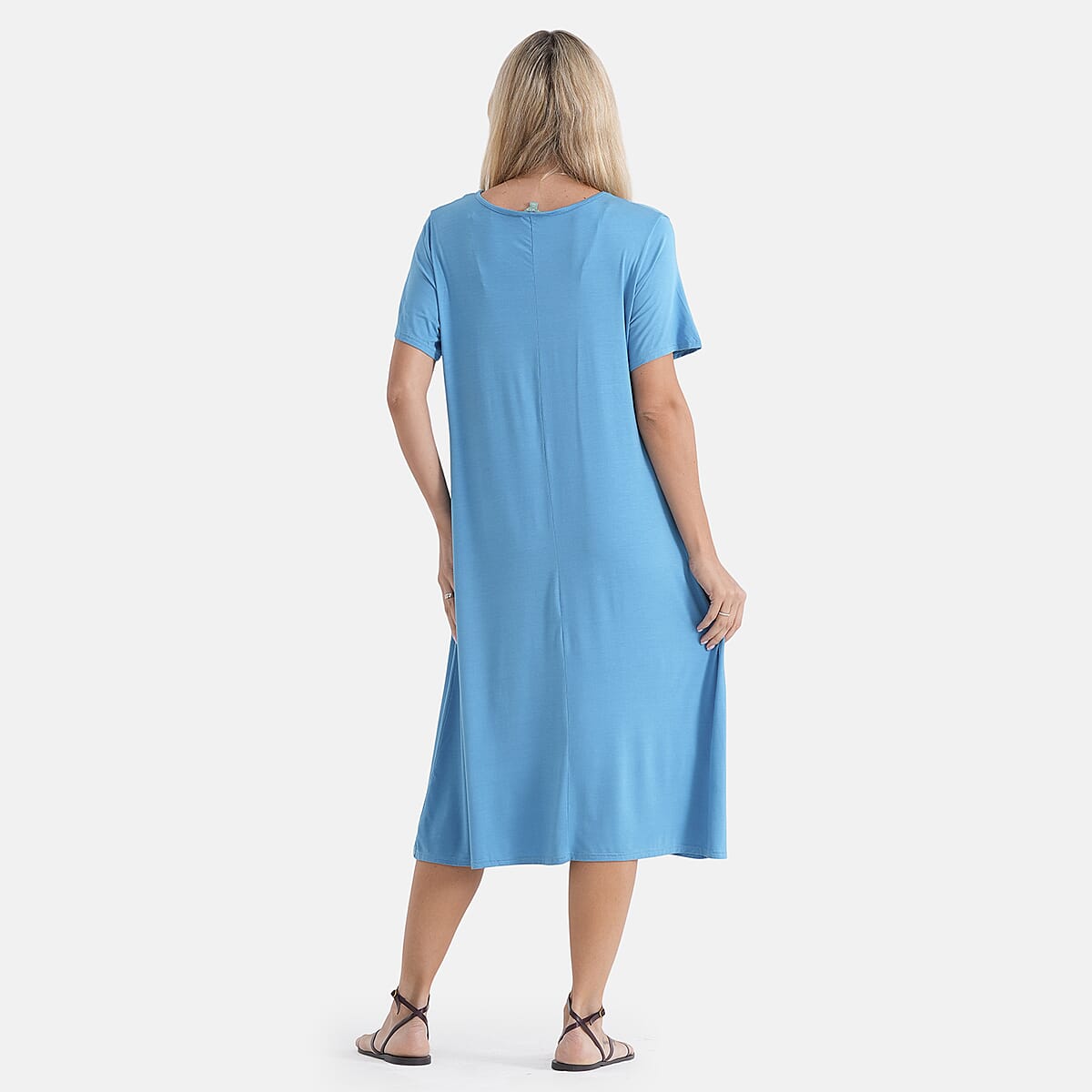 La Marey Blue Peacock Sleeves and Pleated V-Neck Dress - One Size Fits Most image number 2