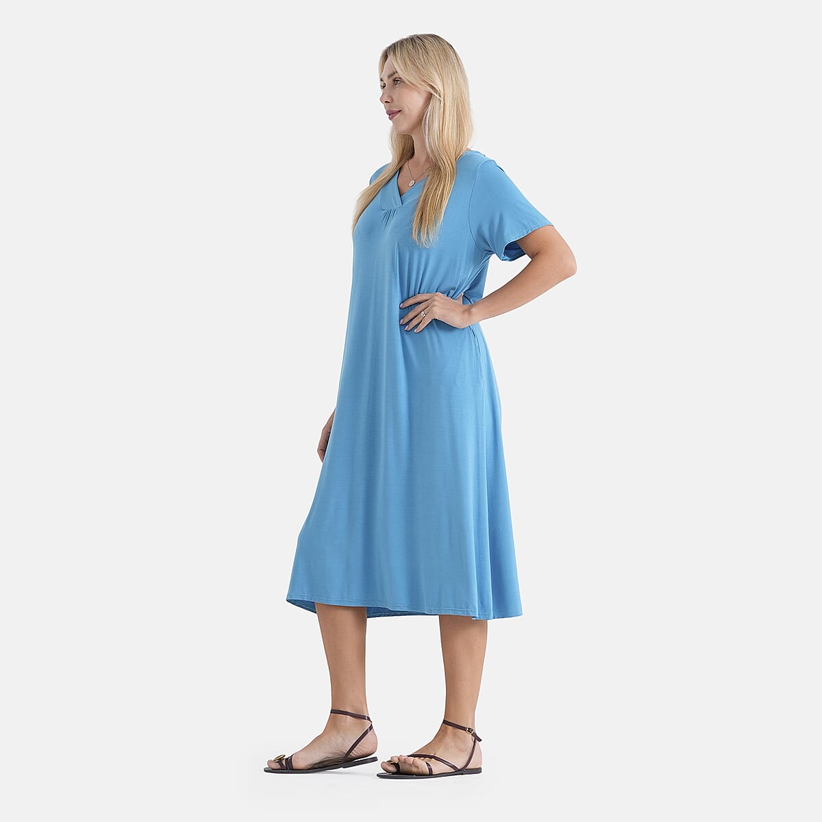 La Marey Blue Peacock Sleeves and Pleated V-Neck Dress - One Size Fits Most image number 3