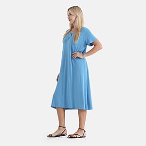 La Marey Blue Peacock Sleeves and Pleated V-Neck Dress - One Size Fits Most