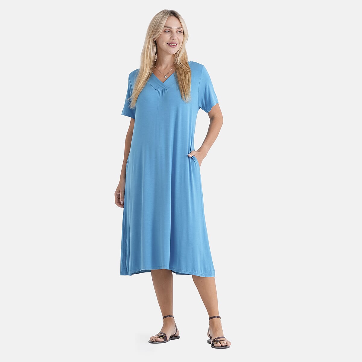 La Marey Blue Peacock Sleeves and Pleated V-Neck Dress - One Size Fits Most image number 4