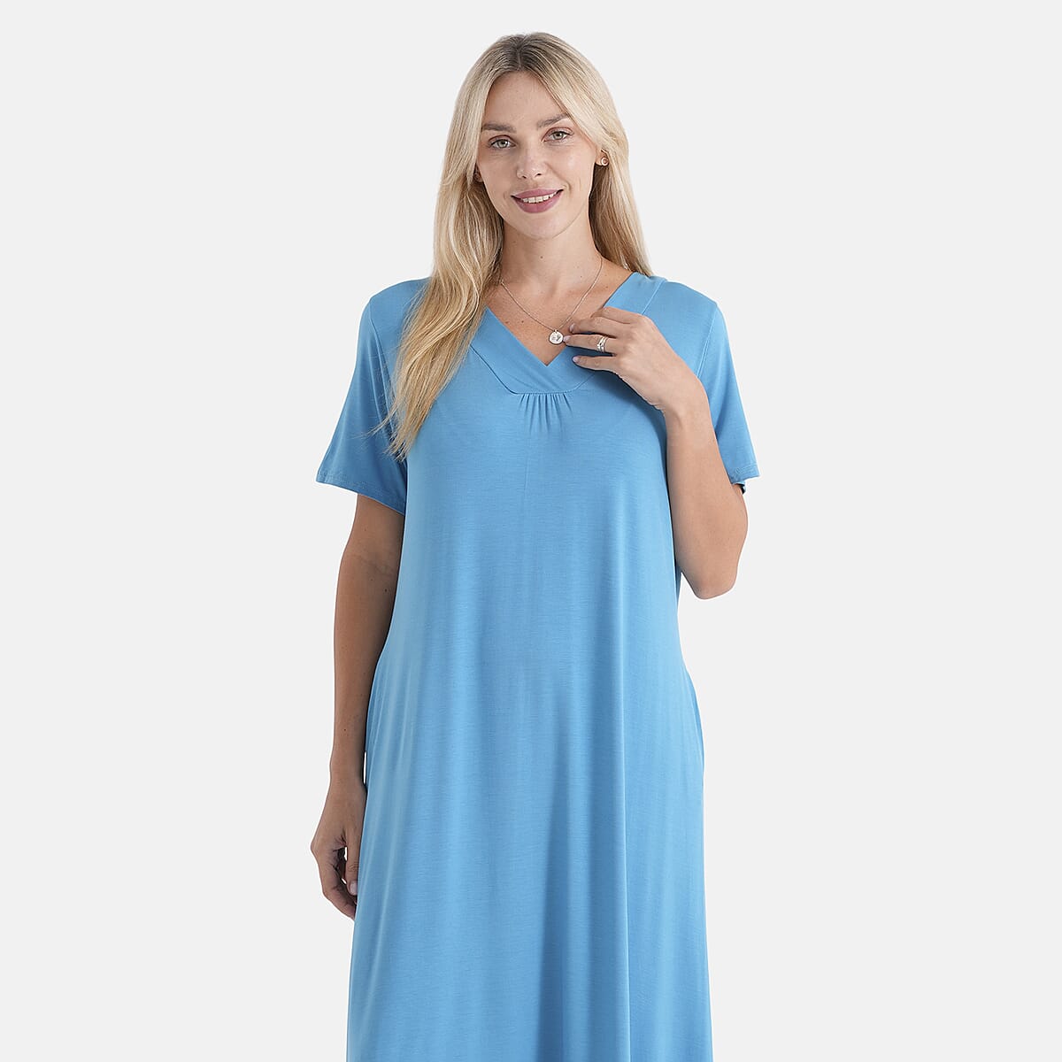 La Marey Blue Peacock Sleeves and Pleated V-Neck Dress - One Size Fits Most image number 5