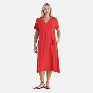 La Marey Red Firecracker Sleeves and Pleated V-Neck Dress - One Size Fits Most