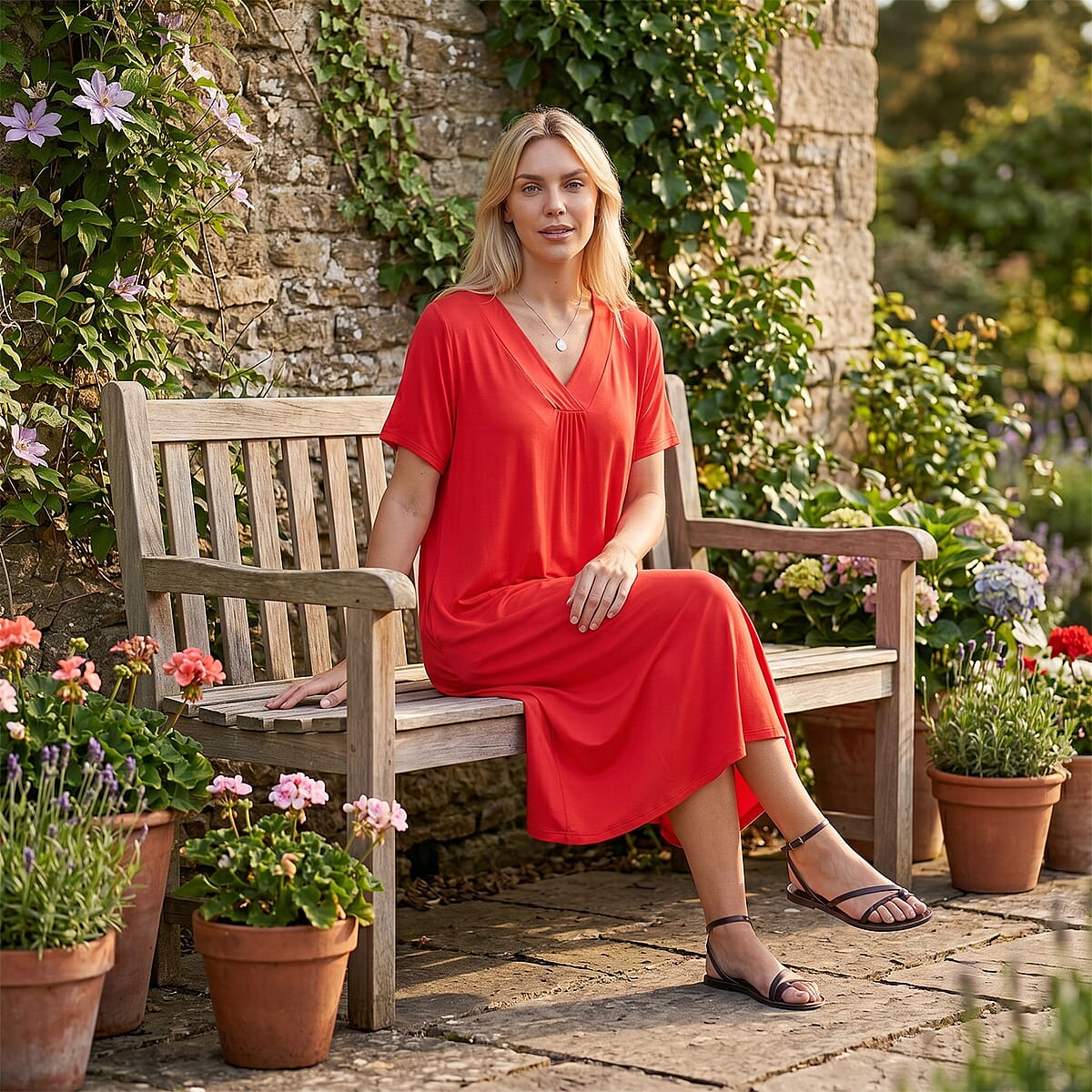 La Marey Red Firecracker Sleeves and Pleated V-Neck Dress - One Size Fits Most image number 1