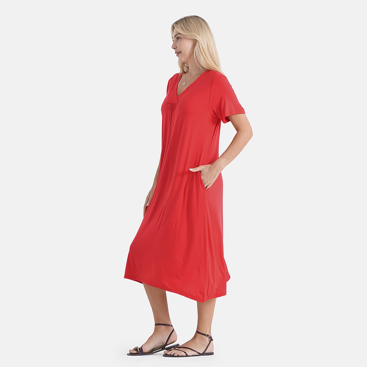 La Marey Red Firecracker Sleeves and Pleated V-Neck Dress - One Size Fits Most image number 3