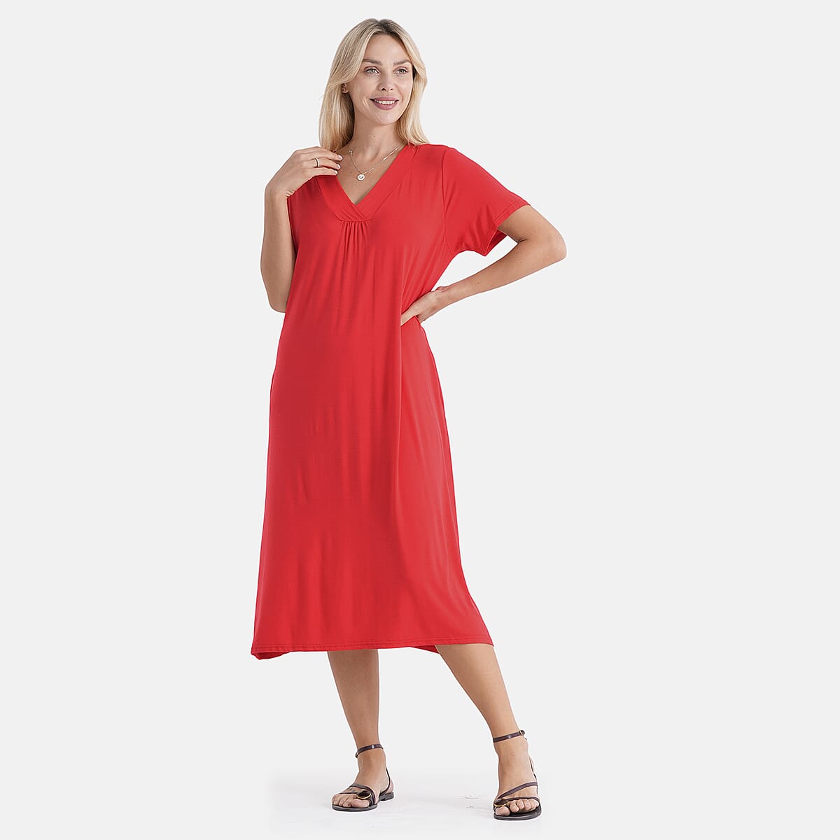 La Marey Red Firecracker Sleeves and Pleated V-Neck Dress - One Size Fits Most image number 4