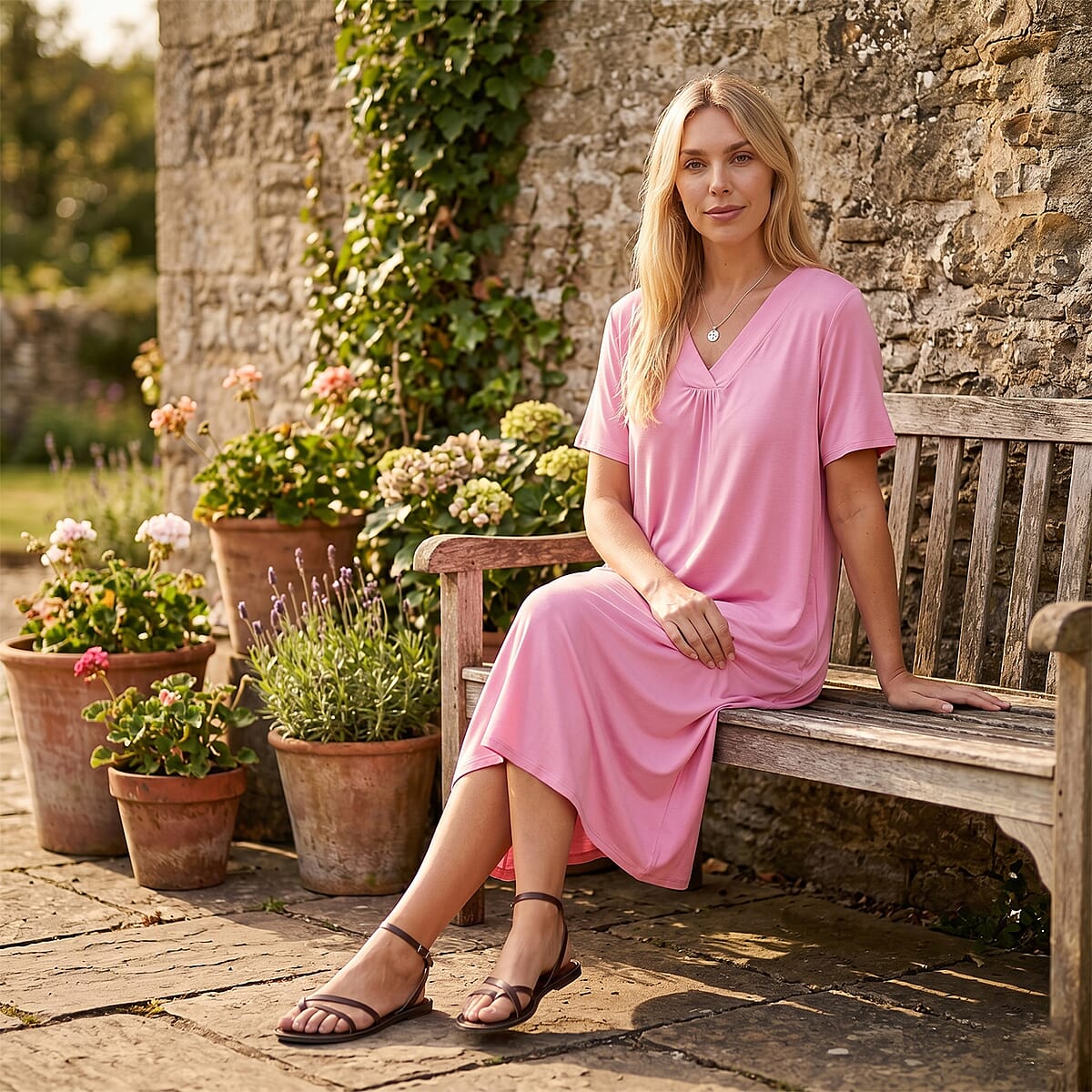 La Marey Pink Coral Sleeves and Pleated V-Neck Dress - One Size Fits Most image number 1