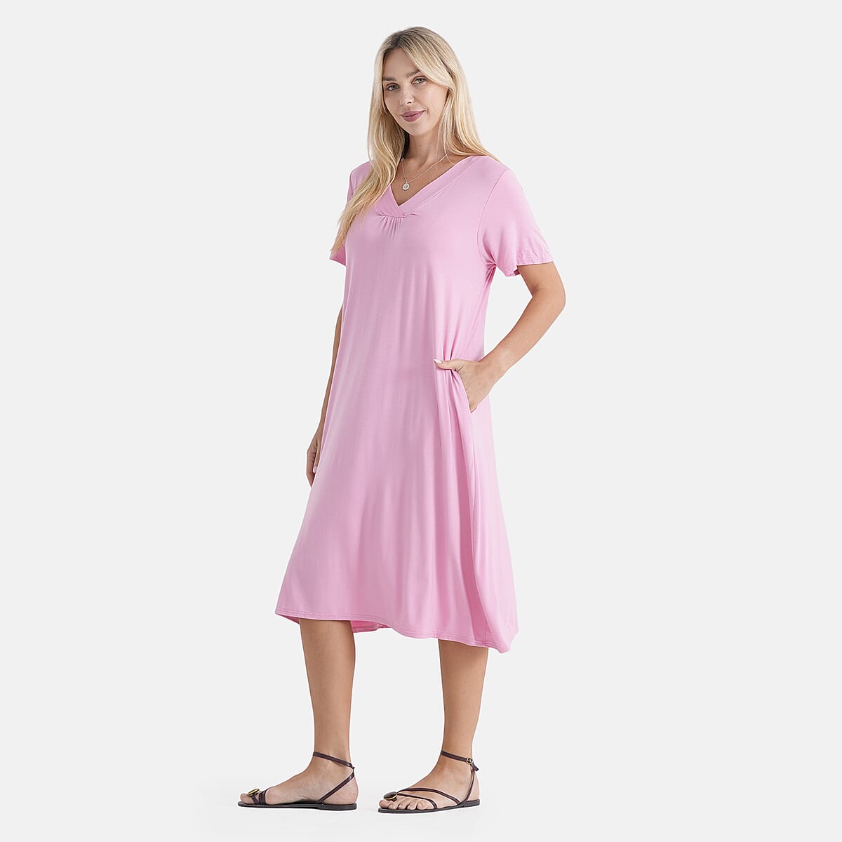 La Marey Pink Coral Sleeves and Pleated V-Neck Dress - One Size Fits Most image number 3