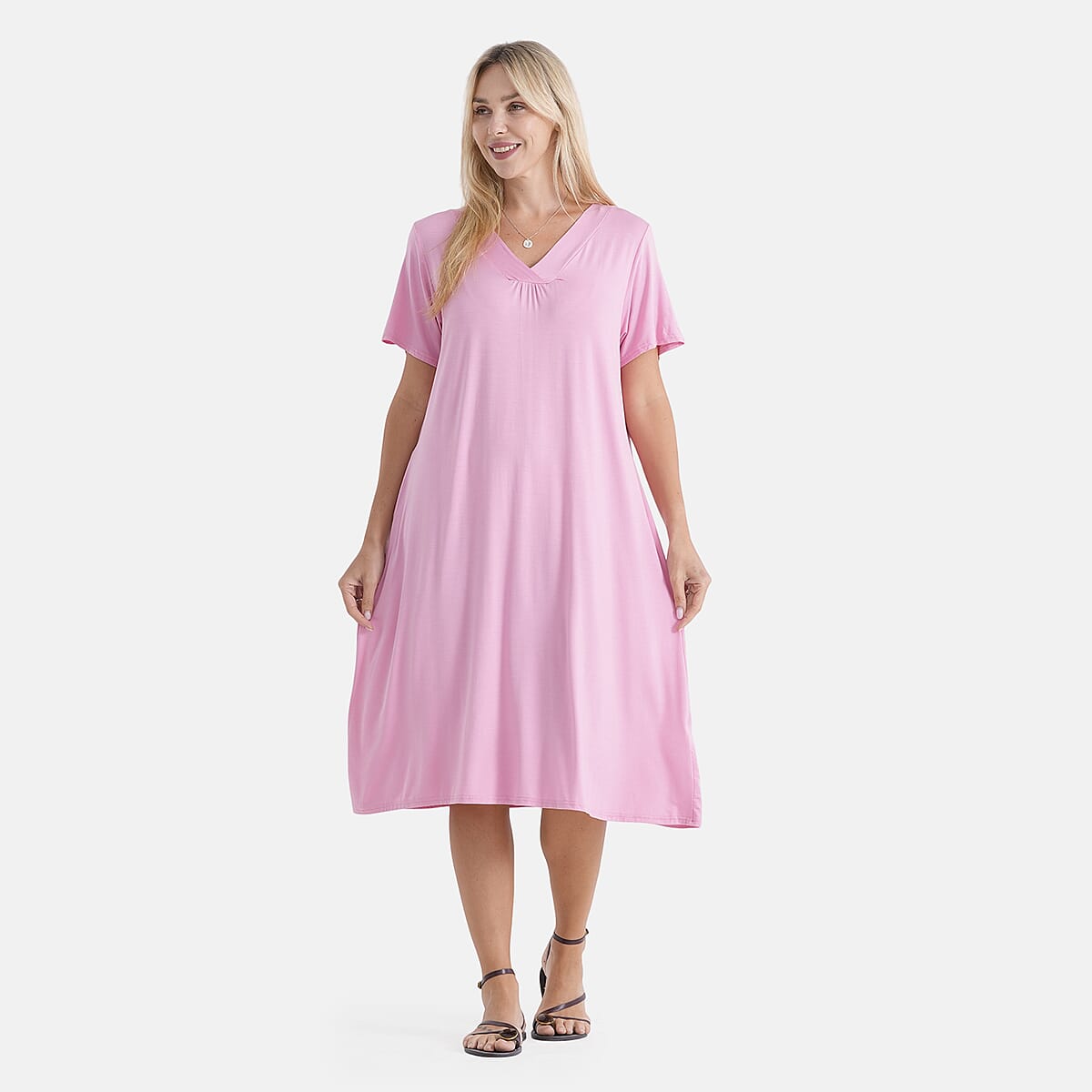 La Marey Pink Coral Sleeves and Pleated V-Neck Dress - One Size Fits Most image number 4