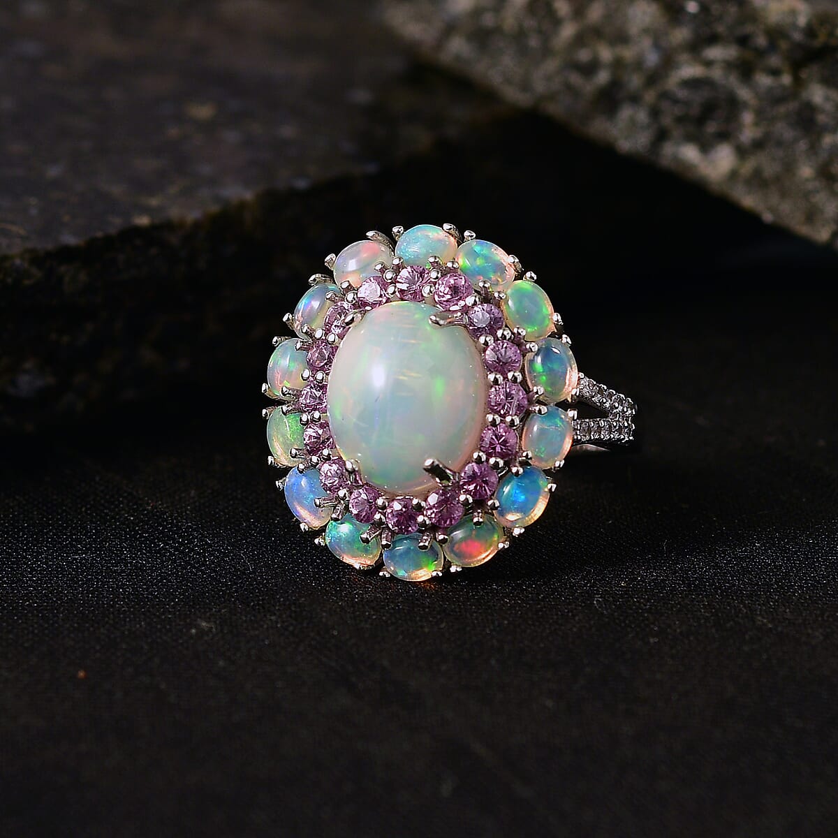 D'Joy Premium Ethiopian Welo Opal and Multi Gemstone 6.00 ctw Prism Halo Ring in Rhodium Over Sterling Silver (Size 10.0) image number 1