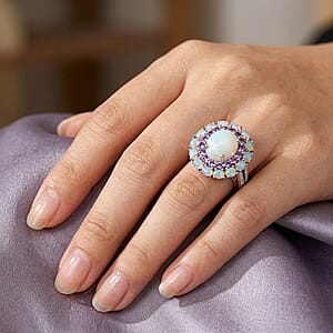 D'Joy Premium Ethiopian Welo Opal and Multi Gemstone 6.00 ctw Prism Halo Ring in Rhodium Over Sterling Silver (Size 10.0)