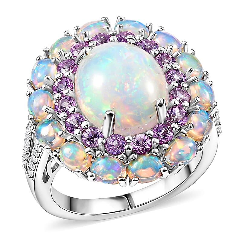 D'Joy Premium Ethiopian Welo Opal and Multi Gemstone 6.00 ctw Prism Halo Ring in Rhodium Over Sterling Silver (Size 7.0)
