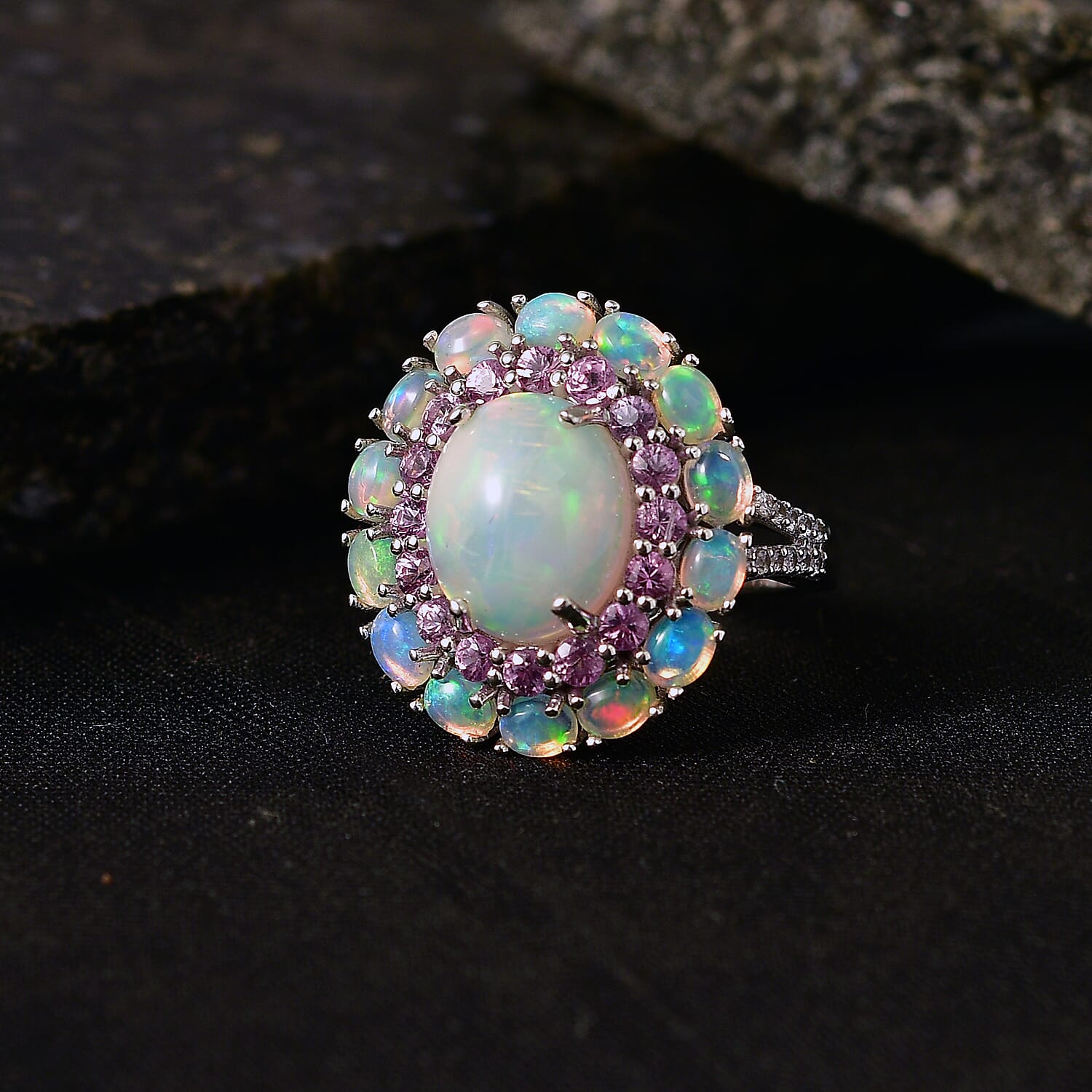 D'Joy Premium Ethiopian Welo Opal, Multi Gemstone Ring in Rhodium Over Sterling Silver (Size 10.0) 6.00 ctw
