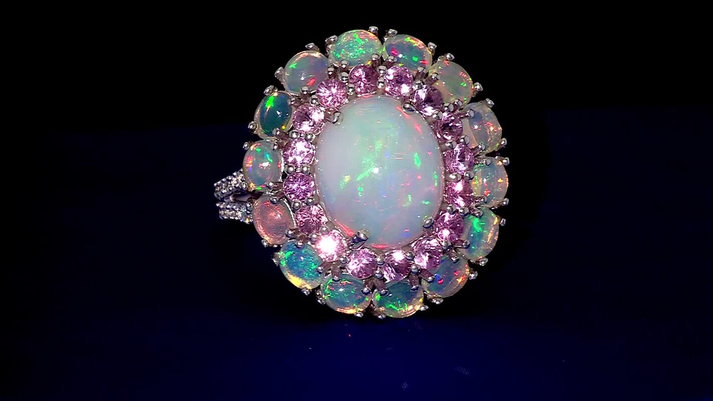 D'Joy Premium Ethiopian Welo Opal, Multi Gemstone Ring in Rhodium Over Sterling Silver (Size 10.0) 6.00 ctw