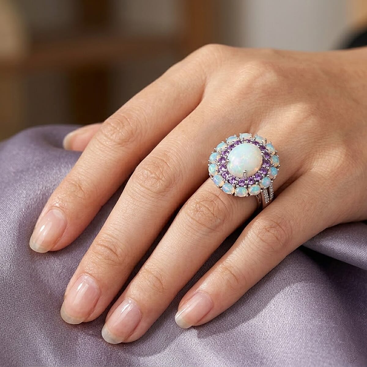 D'Joy Premium Ethiopian Welo Opal and Multi Gemstone 6.00 ctw Ring in Rhodium Over Sterling Silver (Size 7.0) image number 2