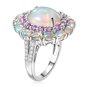 D'Joy Premium Ethiopian Welo Opal and Multi Gemstone 6.00 ctw Ring in Rhodium Over Sterling Silver (Size 7.0)