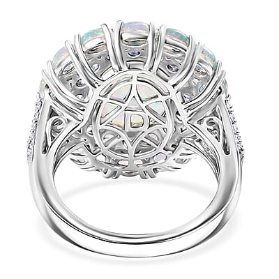 D'Joy Premium Ethiopian Welo Opal and Multi Gemstone 6.00 ctw Prism Halo Ring in Rhodium Over Sterling Silver (Size 7.0)