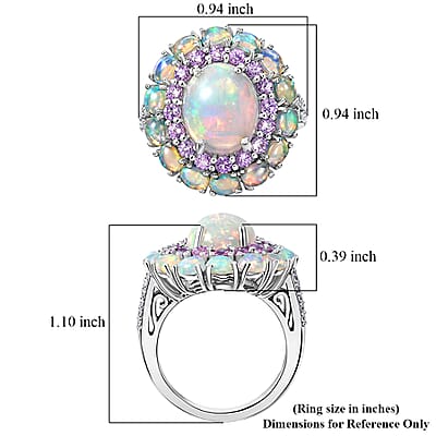 D'Joy Premium Ethiopian Welo Opal and Multi Gemstone 6.00 ctw Prism Halo Ring in Rhodium Over Sterling Silver (Size 7.0)