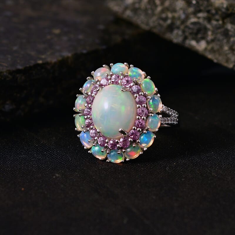 D'Joy Premium Ethiopian Welo Opal and Multi Gemstone 6.00 ctw Prism Halo Ring in Rhodium Over Sterling Silver (Size 8.0)