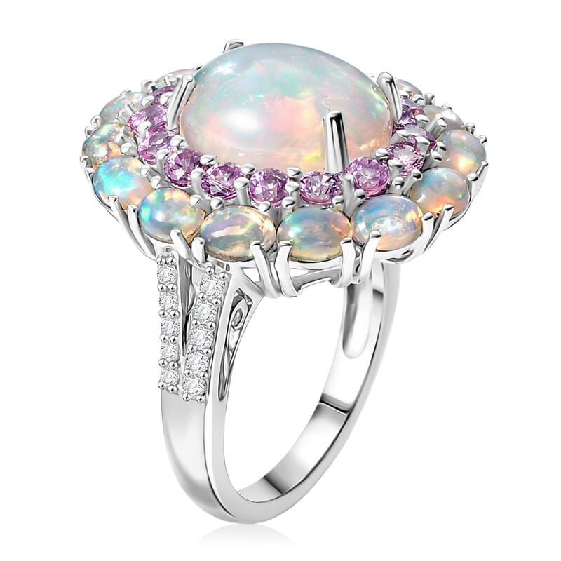 D'Joy Premium Ethiopian Welo Opal and Multi Gemstone 6.00 ctw Prism Halo Ring in Rhodium Over Sterling Silver (Size 8.0)