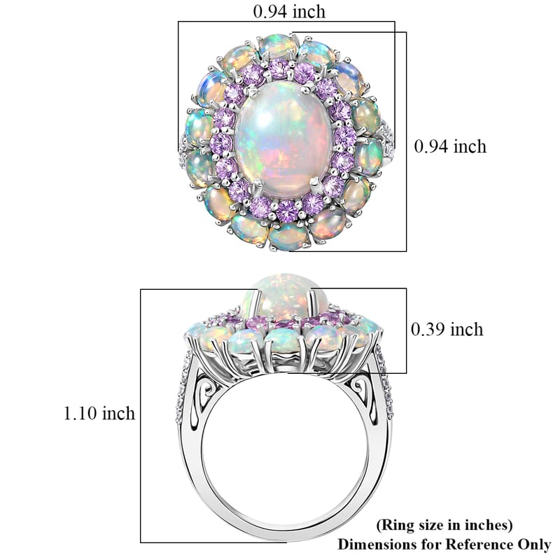 D'Joy Premium Ethiopian Welo Opal and Multi Gemstone 6.00 ctw Prism Halo Ring in Rhodium Over Sterling Silver (Size 8.0)