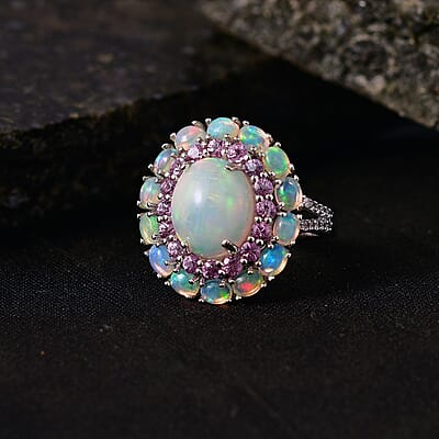 D'Joy Premium Ethiopian Welo Opal and Multi Gemstone 6.00 ctw Prism Halo Ring in Rhodium Over Sterling Silver (Size 9.0)