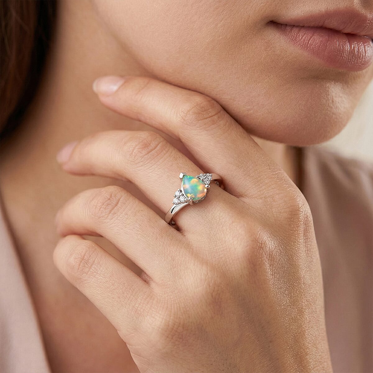 Premium Ethiopian Welo Opal, Luxuriant Lab Grown Diamond (G-H, SI) Ring in Rhodium Over Sterling Silver (Size 10.0) 0.50 ctw image number 2