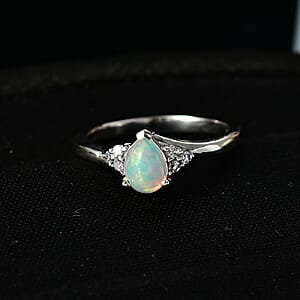 Ethiopian Welo Opal, Lab Grown Diamond Ring in Rhodium Over Sterling Silver 0.50 ctw (Size 6.0)