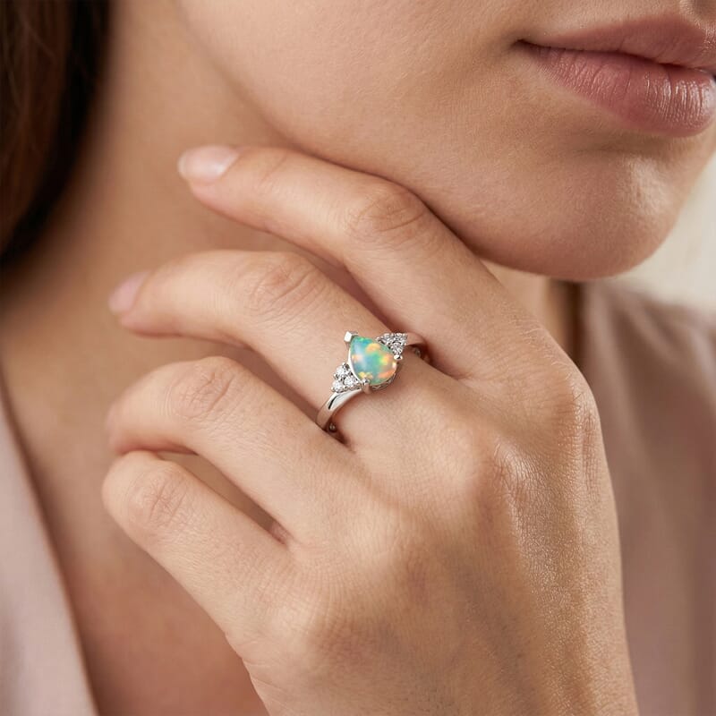 Ethiopian Welo Opal, Lab Grown Diamond Ring in Rhodium Over Sterling Silver 0.50 ctw (Size 6.0)