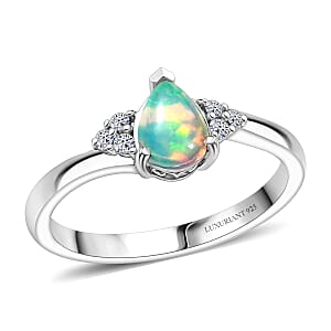 Ethiopian Welo Opal, Lab Grown Diamond Ring in Rhodium Over Sterling Silver 0.50 ctw (Size 9.0)