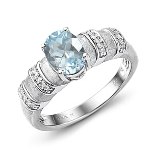 D'Joy Premium Mangoro Santo Aquamarine and Diamond 1.30 ctw Royal Oval Statement Ring in Rhodium Over Sterling Silver (Size 10.0)