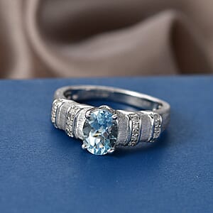 D'Joy Premium Mangoro Santo Aquamarine and Diamond 1.30 ctw Royal Oval Statement Ring in Rhodium Over Sterling Silver (Size 10.0)