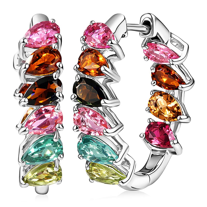 D'Joy Premium Multi Tourmaline 4.50 ctw Shades of Life Hoop Earrings in Rhodium Over Sterling Silver