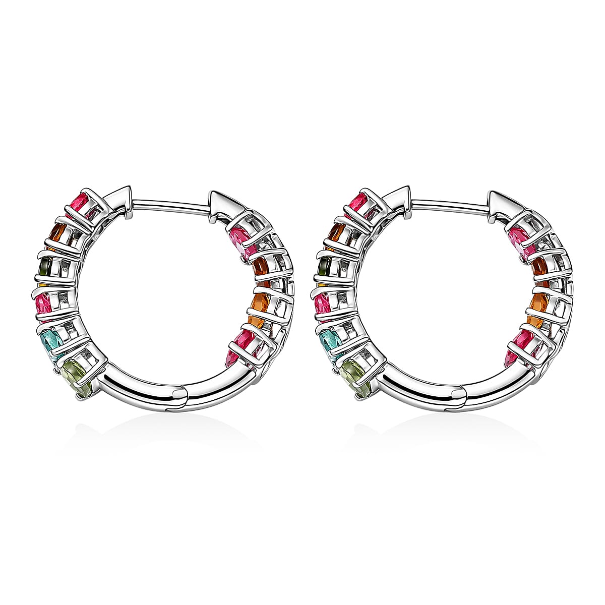 D'Joy Premium Multi Tourmaline 4.50 ctw Shades of Life Hoop Earrings in Rhodium Over Sterling Silver