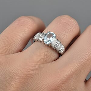 D'Joy Premium Mangoro Santo Aquamarine and Diamond 1.30 ctw Ring in Rhodium Over Sterling Silver (Size 7.0)