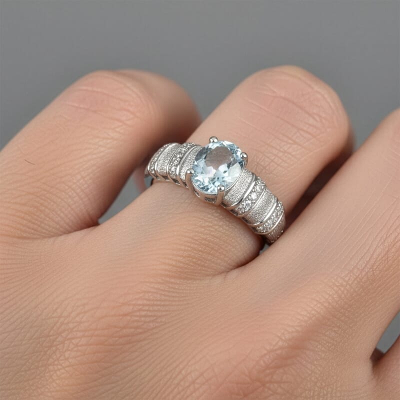 D'Joy Premium Mangoro Aquamarine and Diamond 1.30 ctw Royal Oval Statement Ring in Rhodium Over Sterling Silver (Size 7.0) (Del. In 8-10 Days)
