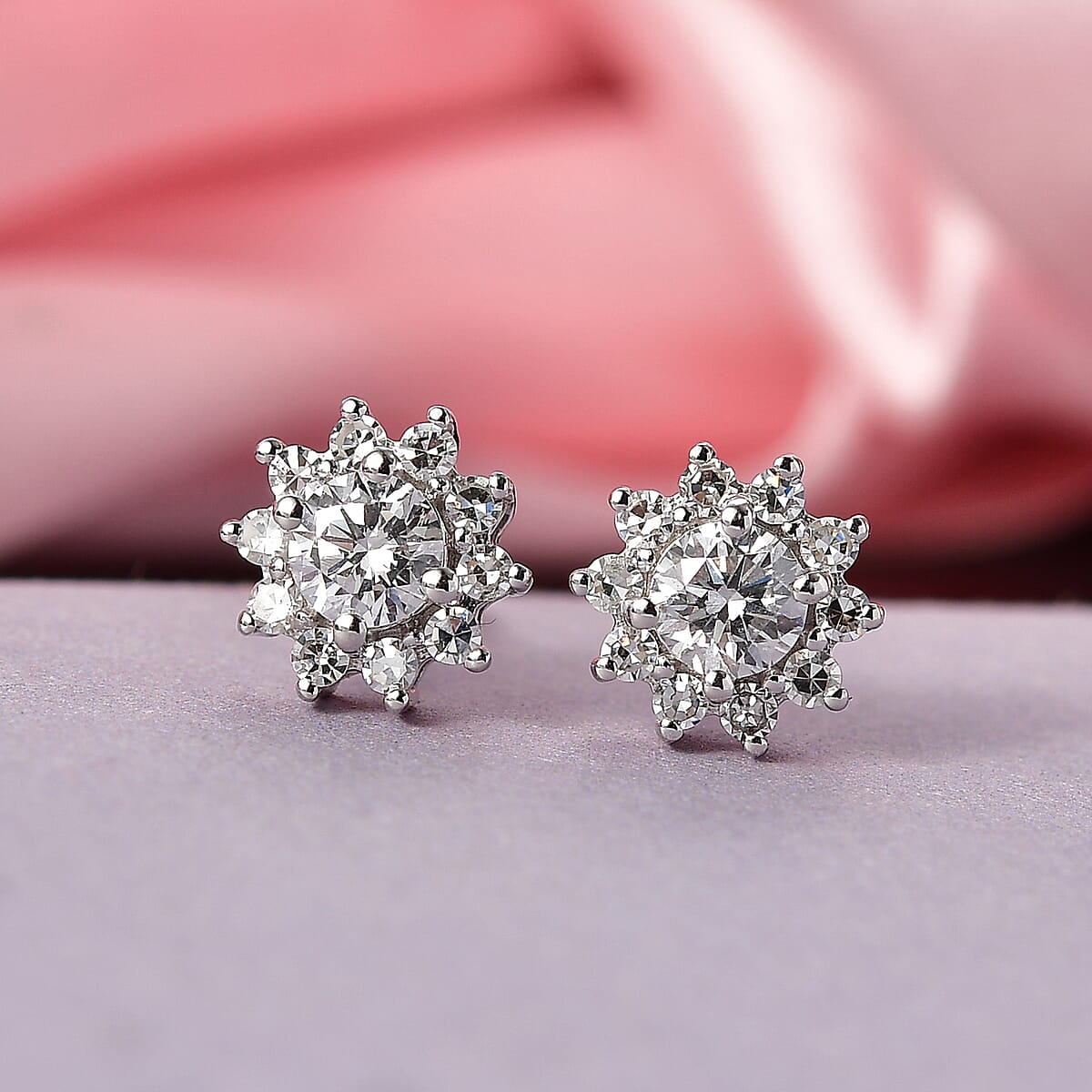 Luxuriant Lab Grown Diamond G-H SI 0.90 ctw Floral Earrings in Rhodium Over Sterling Silver (Del. In 10-12 Days) image number 1