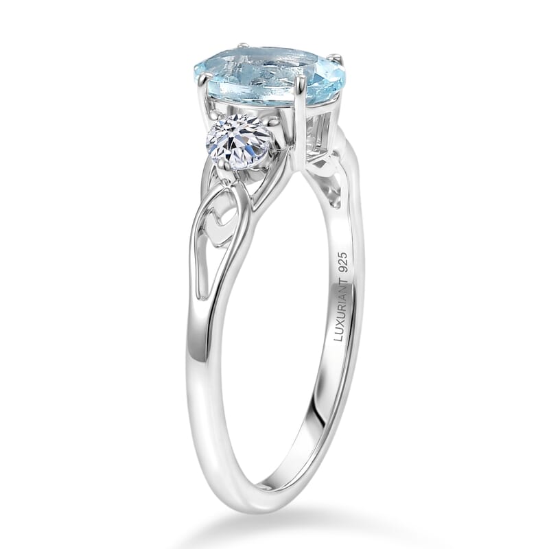 Santamaria Aquamarine and Luxuriant Lab Grown Diamond G-H SI 1.50 ctw Timeless Ocean Ring in Rhodium Over Sterling Silver (Size 10.0)