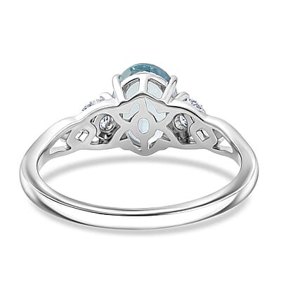 Santamaria Aquamarine and Luxuriant Lab Grown Diamond G-H SI 1.50 ctw Timeless Ocean Ring in Rhodium Over Sterling Silver (Size 10.0)