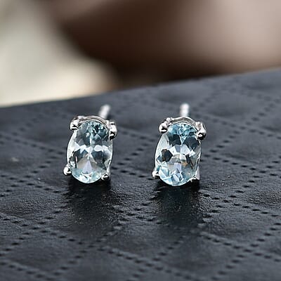 D'Joy Premium Mangoro Aquamarine 0.85 ctw Stud Earrings in Rhodium Over Sterling Silver (Del. In 8-10 Days)