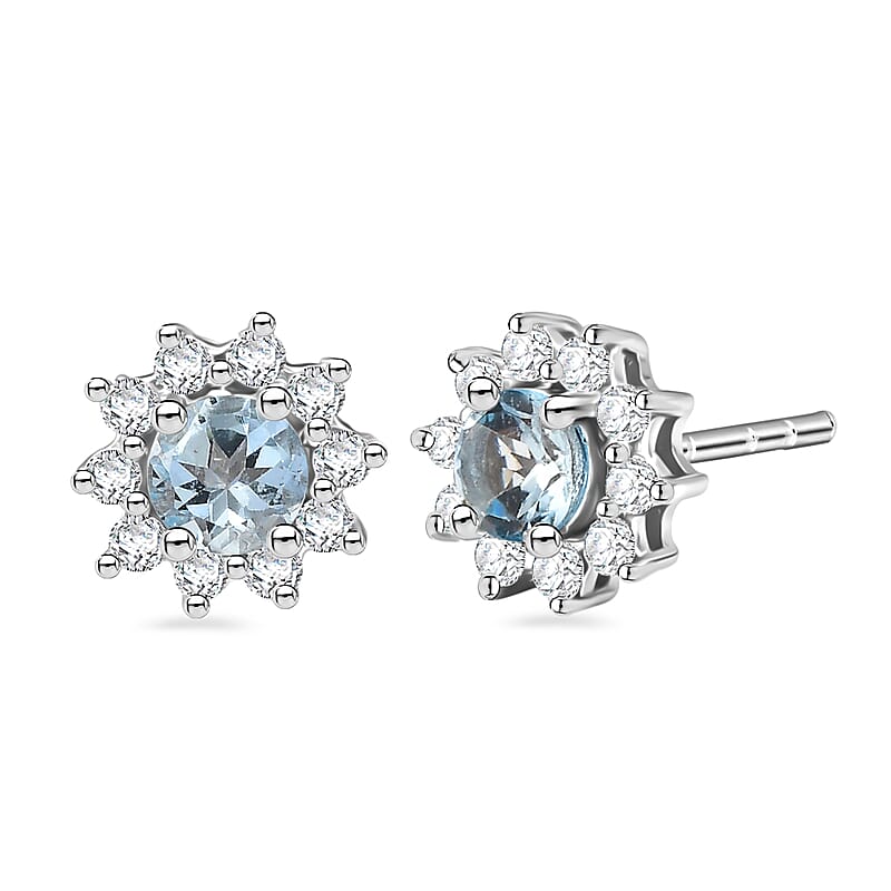 D'Joy Premium Mangoro Aquamarine and Moissanite 1.20 ctw Azure Crown Studs Earrings in Rhodium Over Sterling Silver