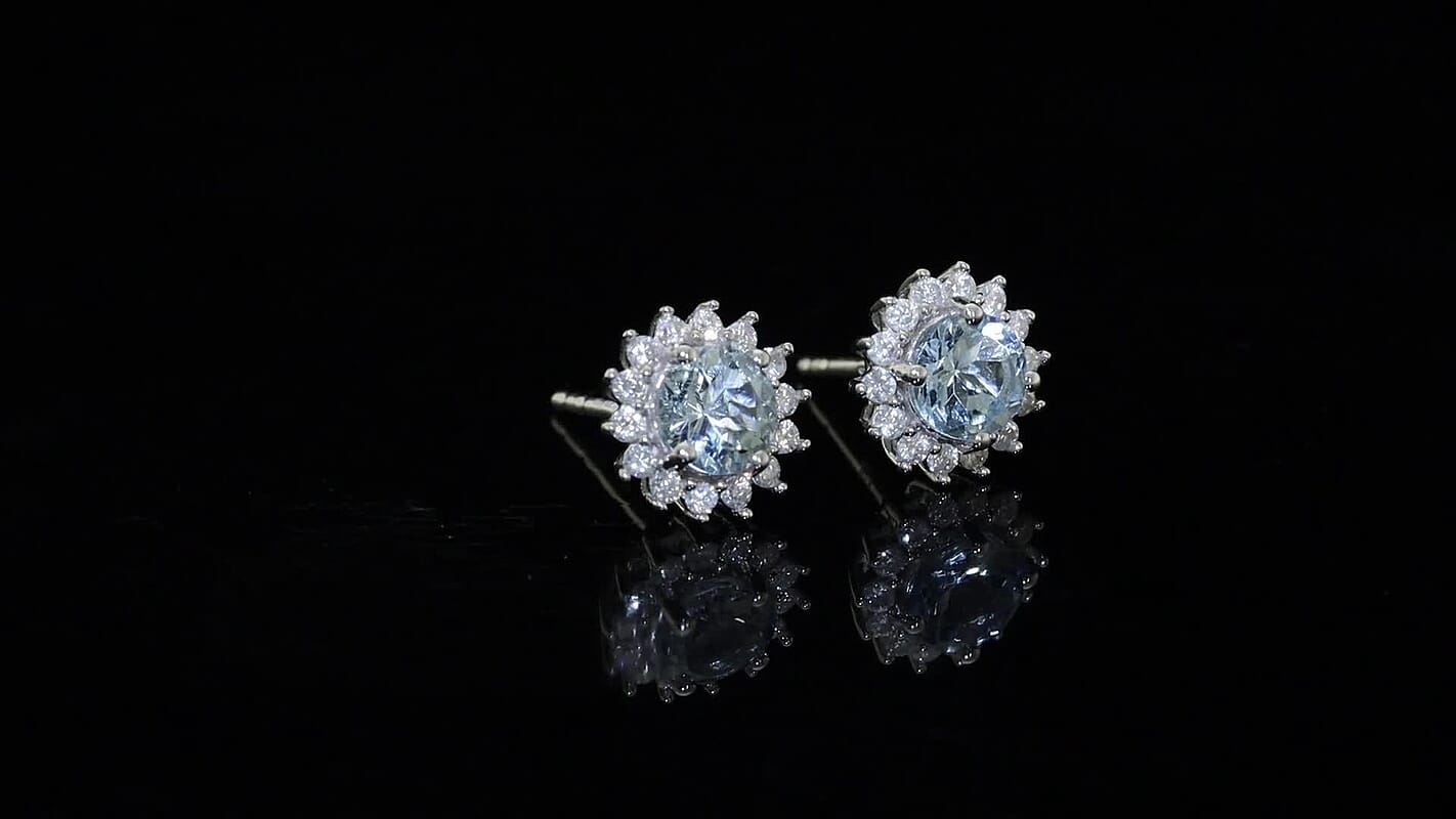 D'Joy Premium Mangoro Aquamarine and Moissanite 1.20 ctw Azure Crown Studs Earrings in Rhodium Over Sterling Silver