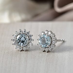 D'Joy Premium Mangoro Santo Aquamarine and Moissanite 1.20 ctw Earrings in Rhodium Over Sterling Silver