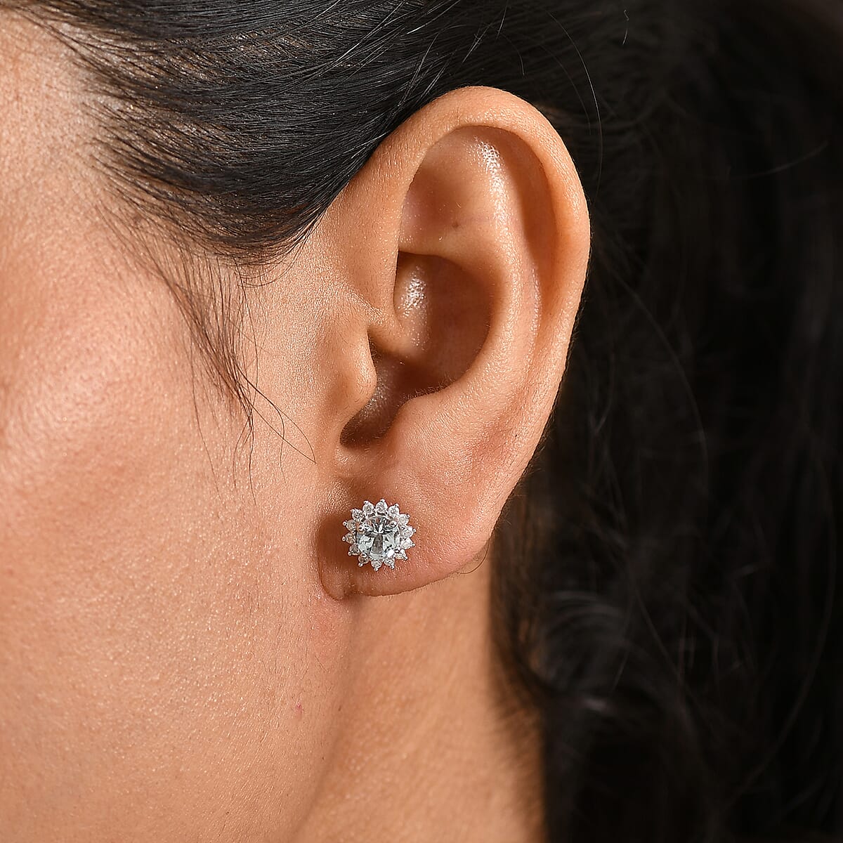 D'Joy Premium Mangoro Santo Aquamarine and Moissanite 1.20 ctw Earrings in Rhodium Over Sterling Silver image number 2