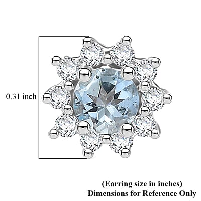 D'Joy Premium Mangoro Aquamarine and Moissanite 1.20 ctw Azure Crown Studs Earrings in Rhodium Over Sterling Silver
