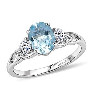 Santamaria Aquamarine and Luxuriant Lab Grown Diamond G-H SI 1.50 ctw Timeless Ocean Ring in Rhodium Over Sterling Silver (Size 6.0)