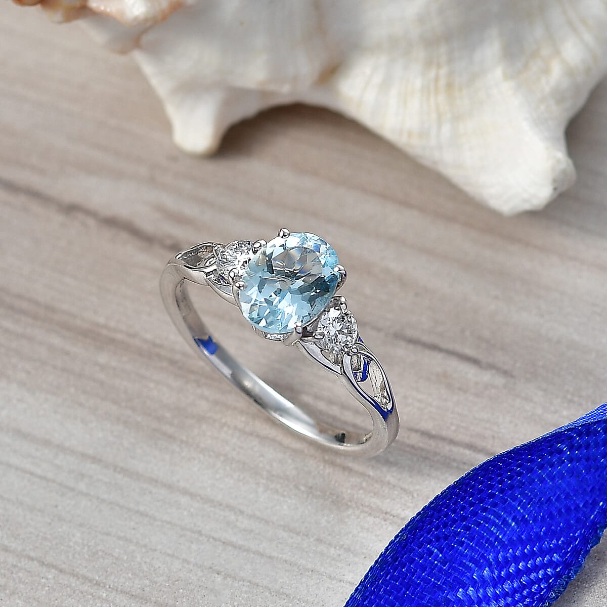 Santa Maria Aquamarine and Luxuriant Lab Grown Diamond G-H SI 1.40 ctw Ring in Rhodium Over Sterling Silver (Size 7.0) image number 1
