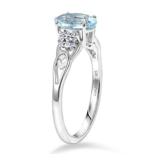 Santamaria Aquamarine and Luxuriant Lab Grown Diamond G-H SI 1.50 ctw Timeless Ocean Ring in Rhodium Over Sterling Silver (Size 8.0)