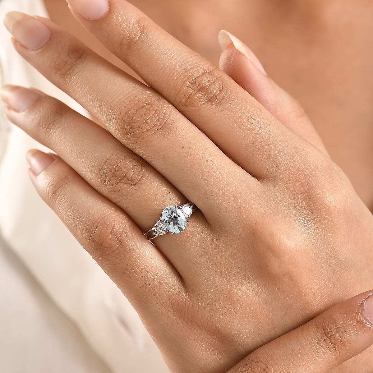 Santamaria Aquamarine and Luxuriant Lab Grown Diamond G-H SI 1.50 ctw Timeless Ocean Ring in Rhodium Over Sterling Silver (Size 9.0) image number 2